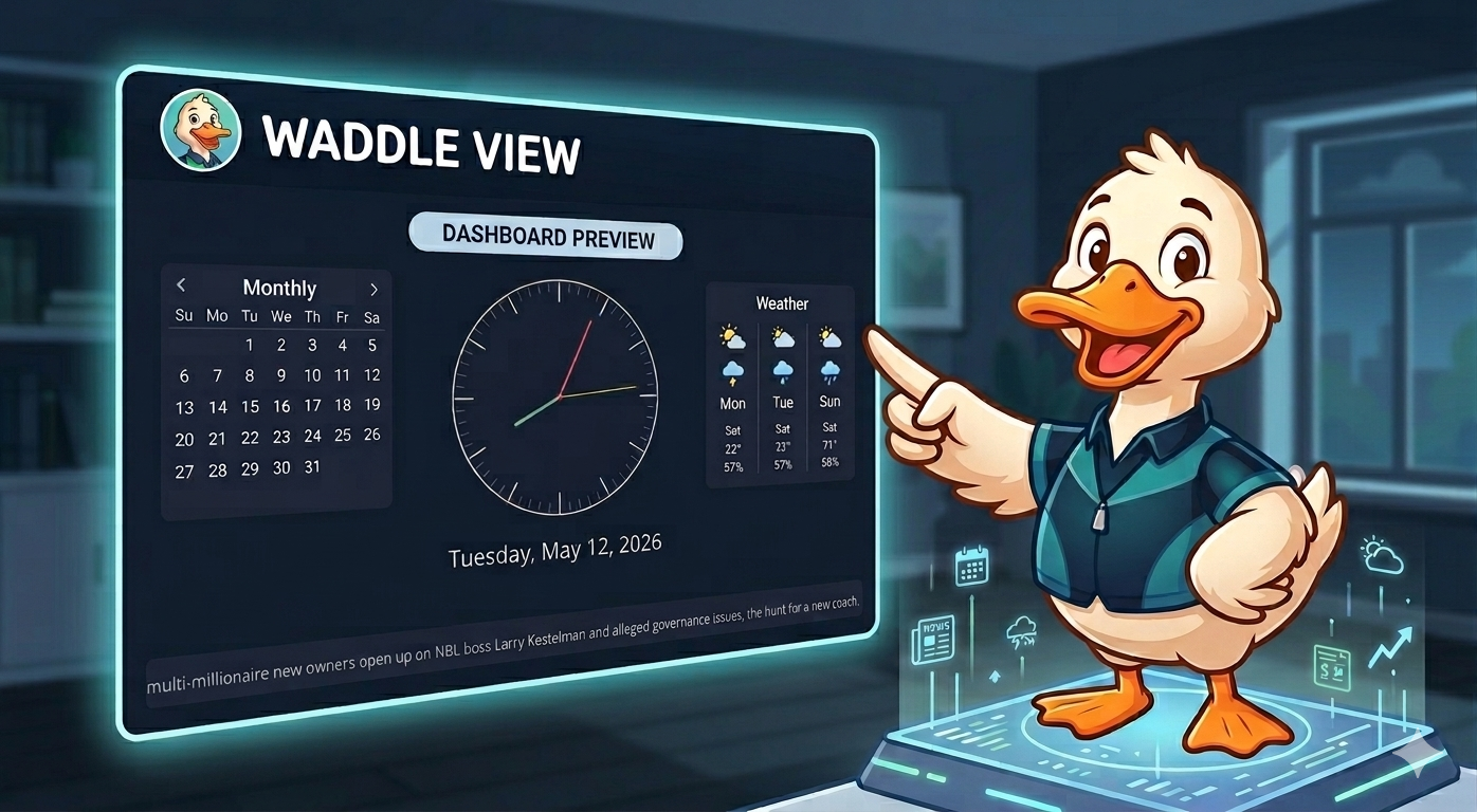 Waddle View mascot pointing at a floating dashboard preview with calendar, clock, and weather widgets